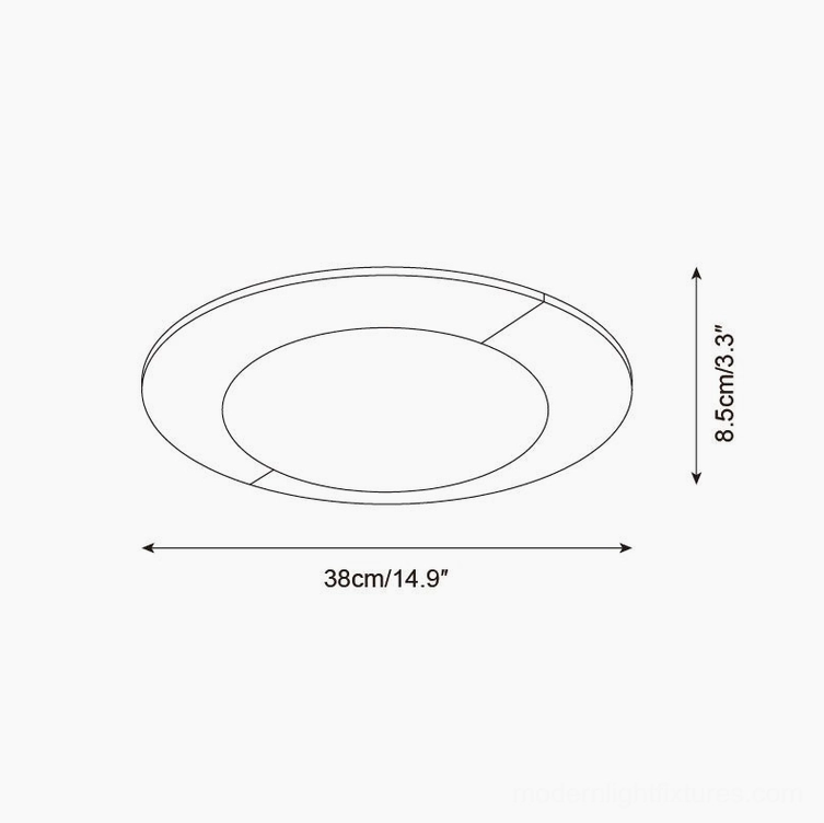 Bivora ceiling light size comparison technical drawing showing 38cm 14.9 inch diameter specification