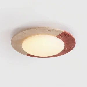 Bivora Model A travertine ceiling fixture showing dual-tone stone composition and frosted glass diffuser at angle