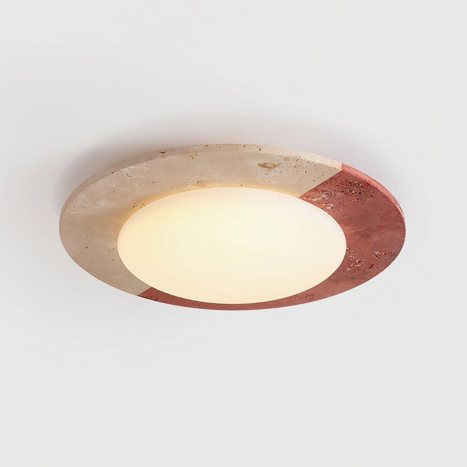 Bivora Model A travertine ceiling fixture showing dual-tone stone composition and frosted glass diffuser at angle