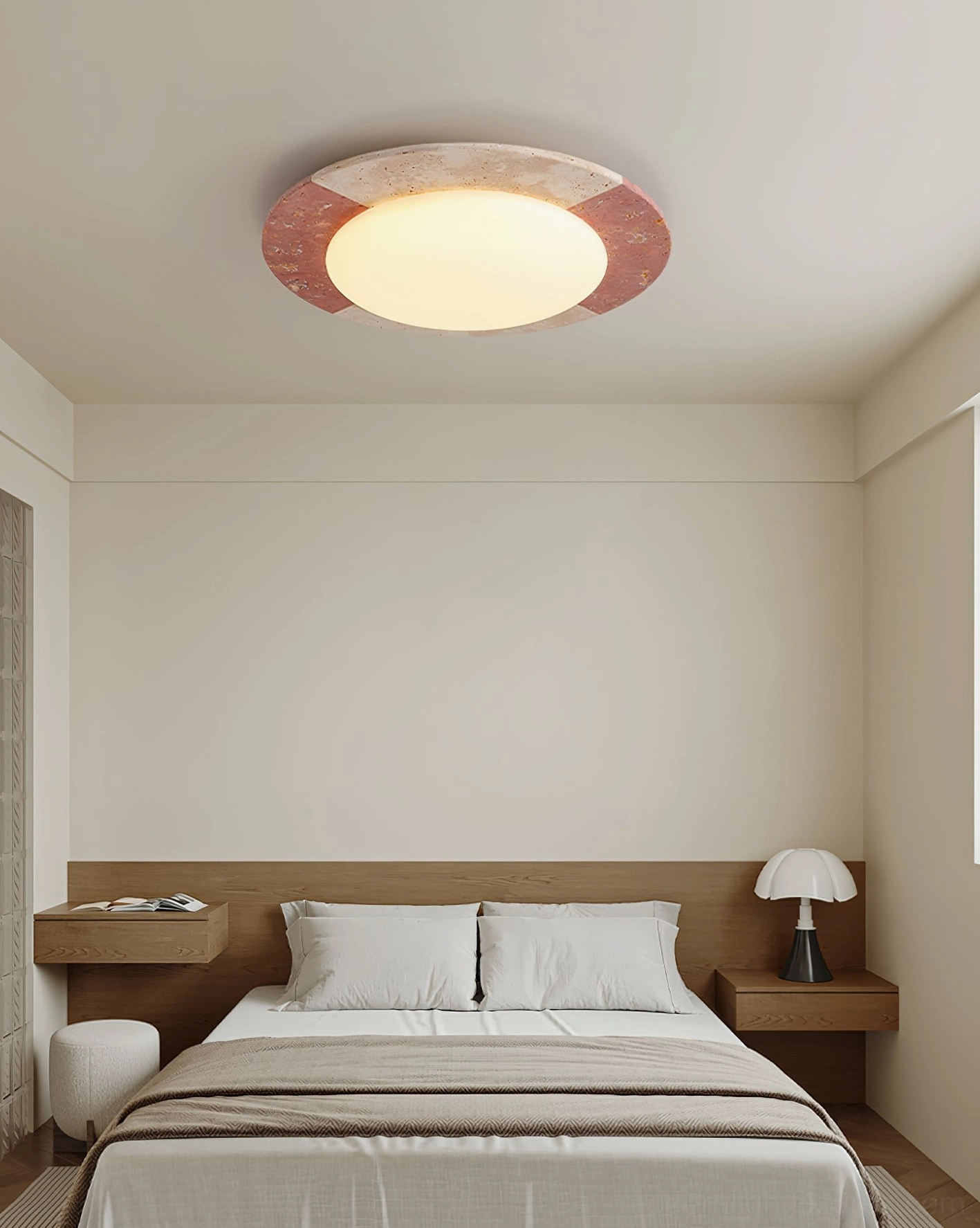 Bivora ceiling light installed in modern master bedroom creating warm ambient lighting above wood furniture