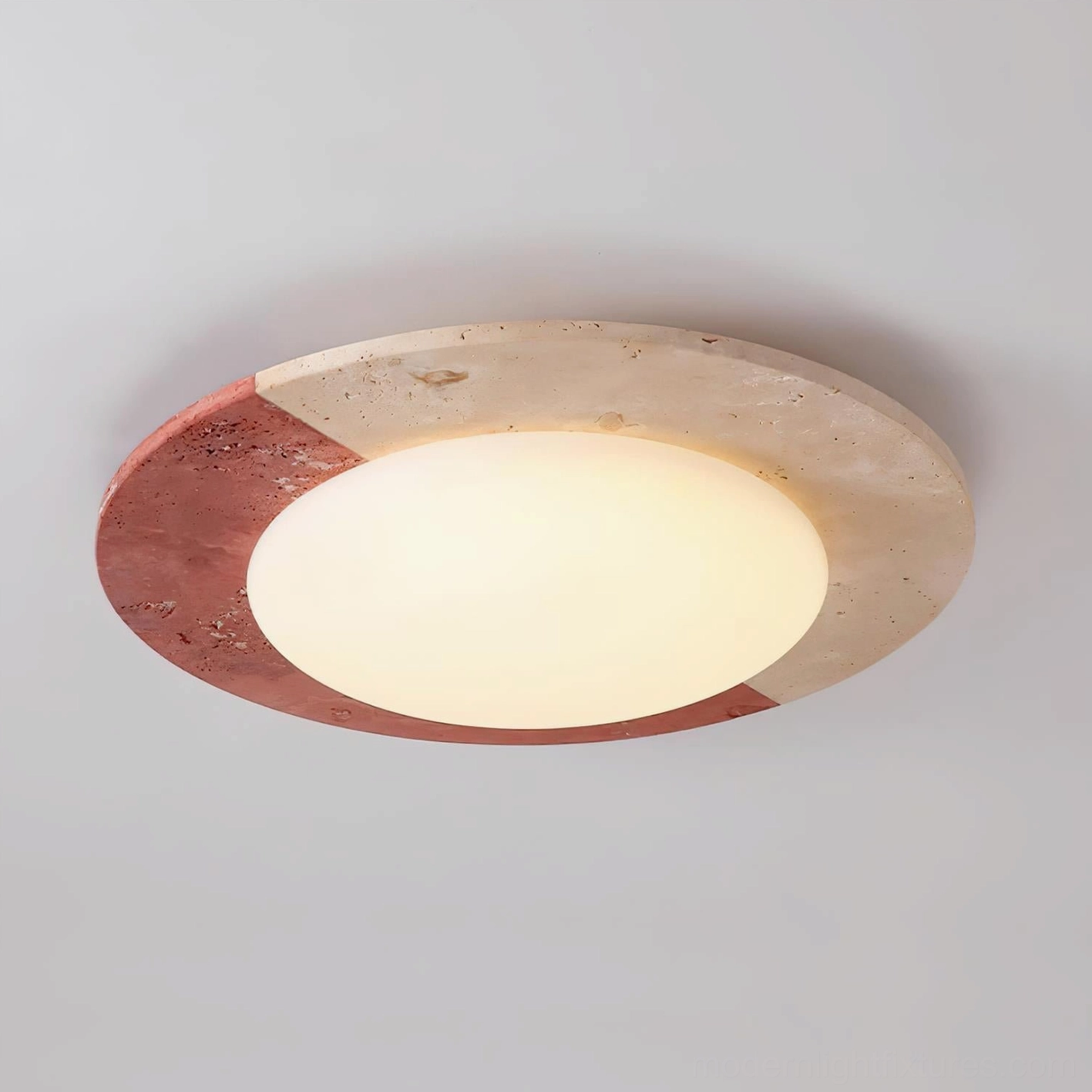 Bivora round travertine ceiling lamp in contemporary interior space demonstrating minimalist aesthetic