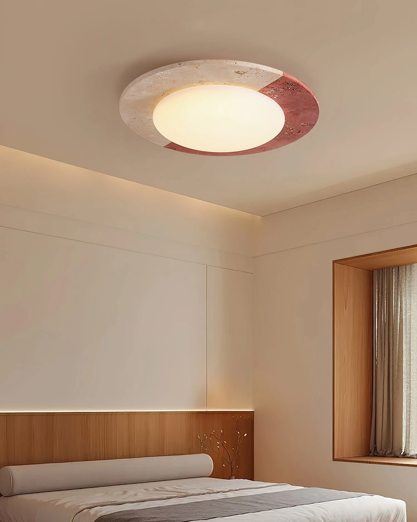 Bivora natural travertine ceiling light detail view showing organic stone texture and color variation
