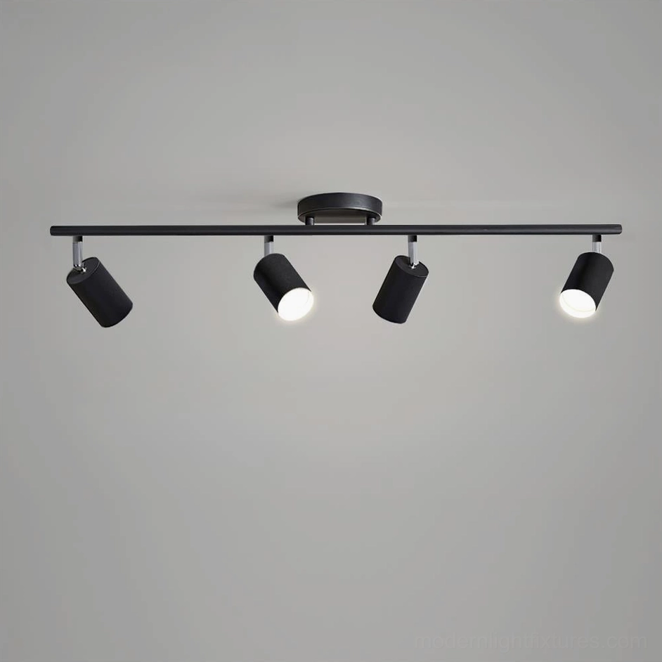 4-head black adjustable track lighting ceiling fixture, minimalist contemporary design with spotlight heads