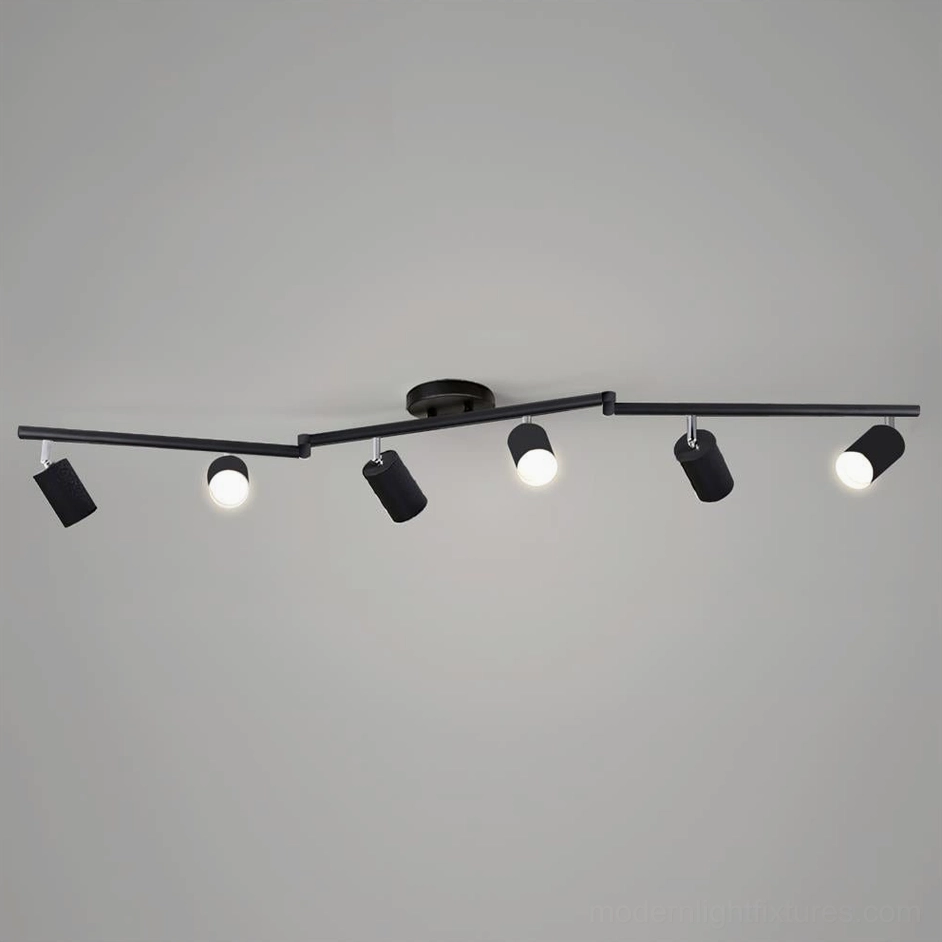 Black 6-head large track ceiling light system, modern fixture with multiple adjustable spotlight heads