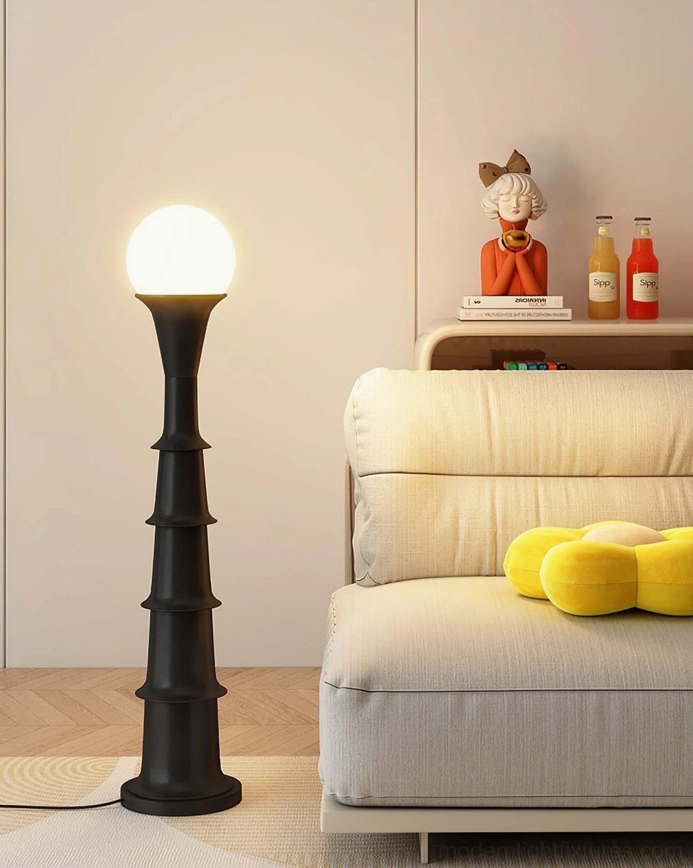 Black matte bamboo joint floor lamp three-quarter view in contemporary living room with decorative objects