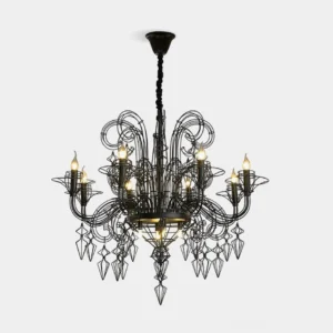 Black Baroque metal chandelier front view - sculptural wire design with symmetrical arms and candle-style bulbs