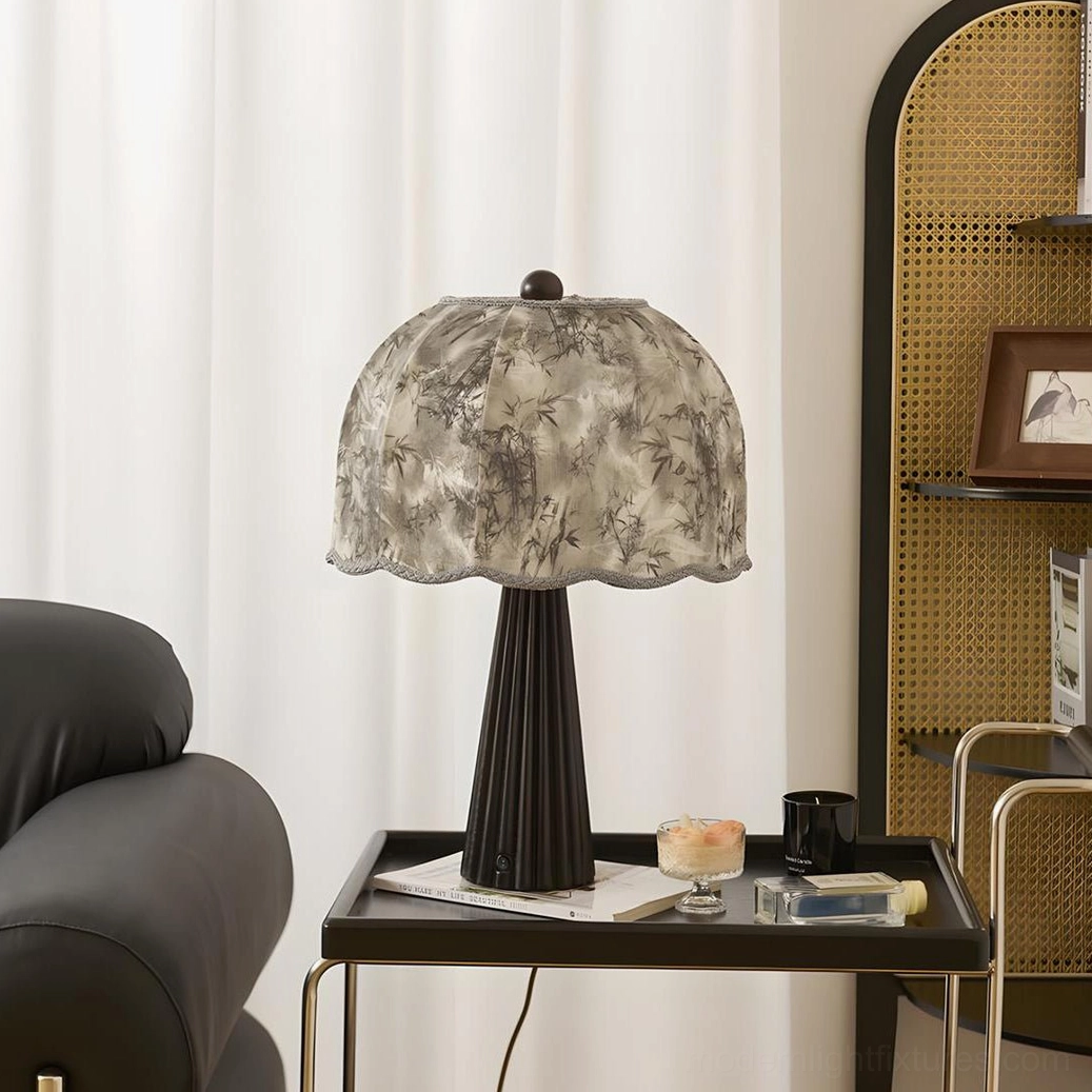 Black fluted wood base table lamp with gray foliage printed fabric shade - contemporary vintage design