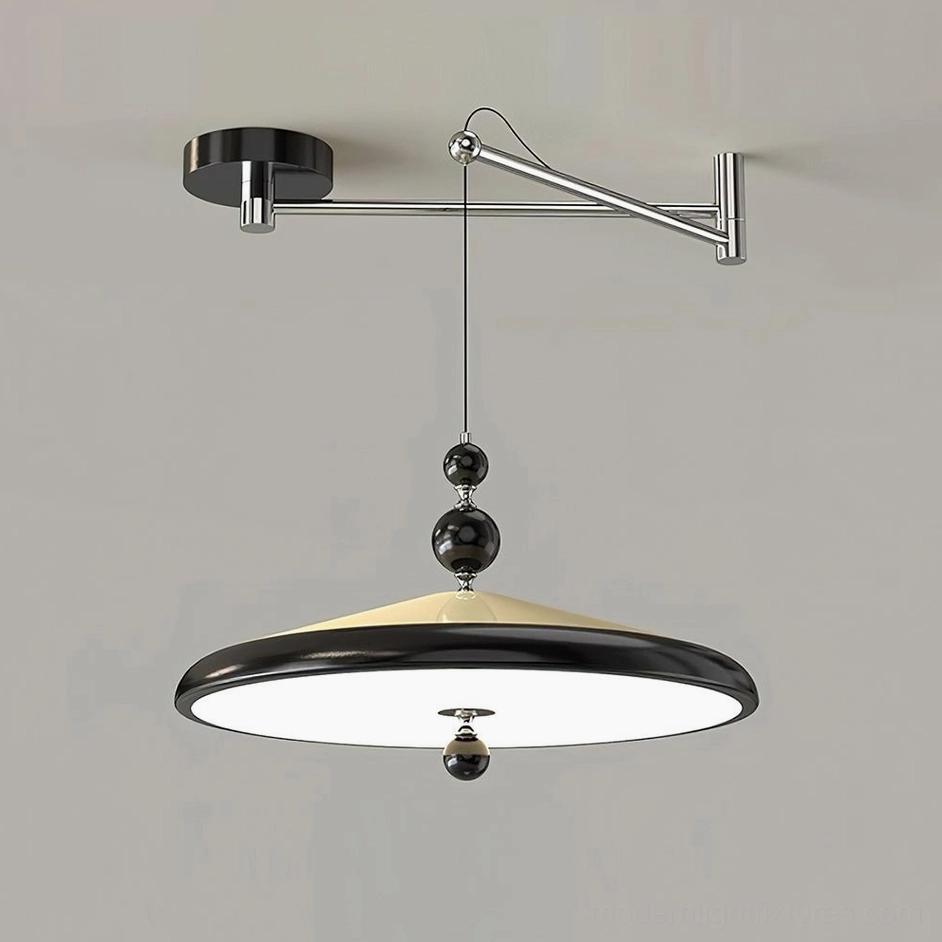 Black and beige dual-tone modern swing arm pendant light with adjustable arm mechanism and smooth acrylic shade for ambient lighting