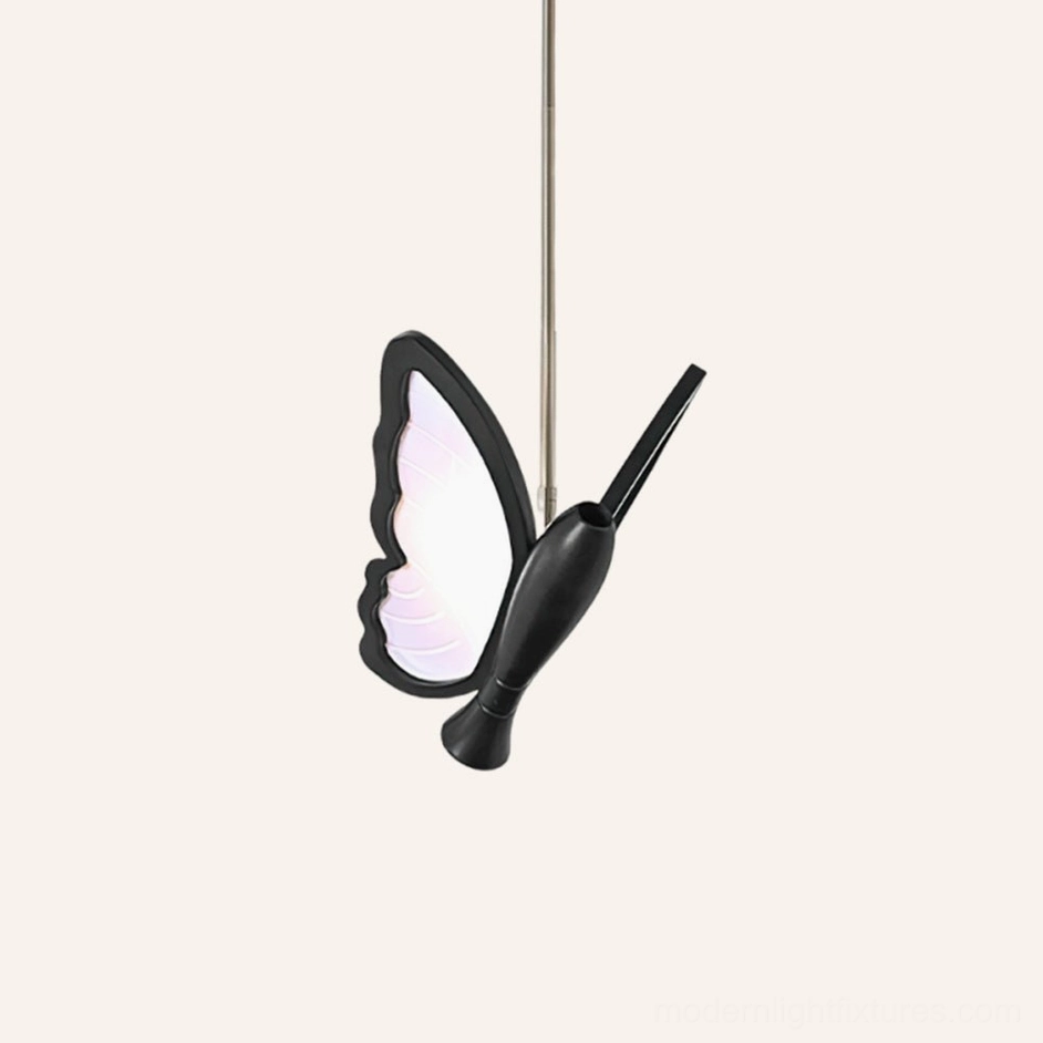 Black butterfly pendant lamp full view showcasing modern artistic design and acrylic wing elements