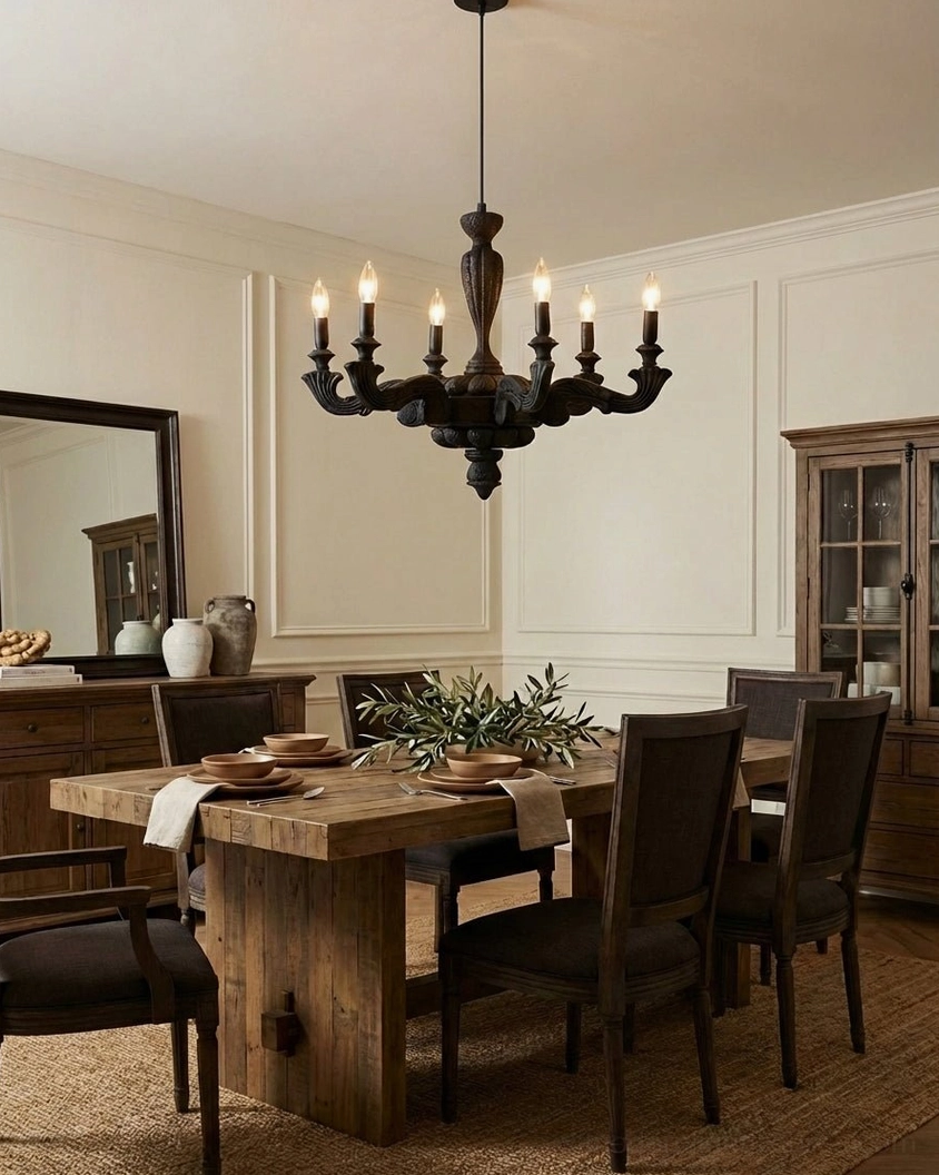 Dark matte black candelabra chandelier in formal rustic dining room with wooden furniture and warm tones