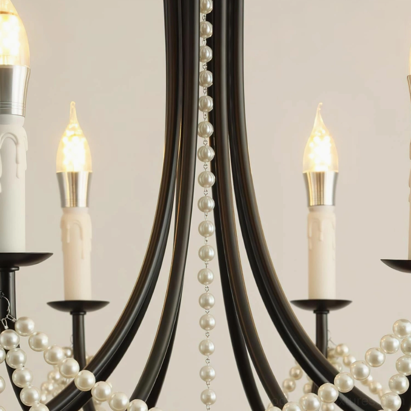Vintage black candle-style chandelier showing E14 socket bulbs and candle-shaped bulb holders
