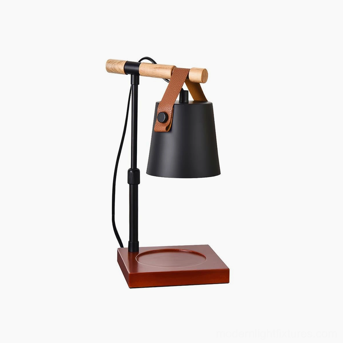 Black candle warmer lamp with reddish-brown wooden base and adjustable height pole on white studio background