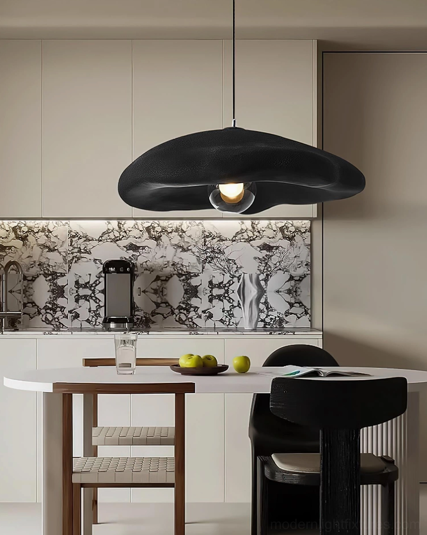 Black matte cloud pendant light - Wabi-sabi inspired design in modern kitchen dining area