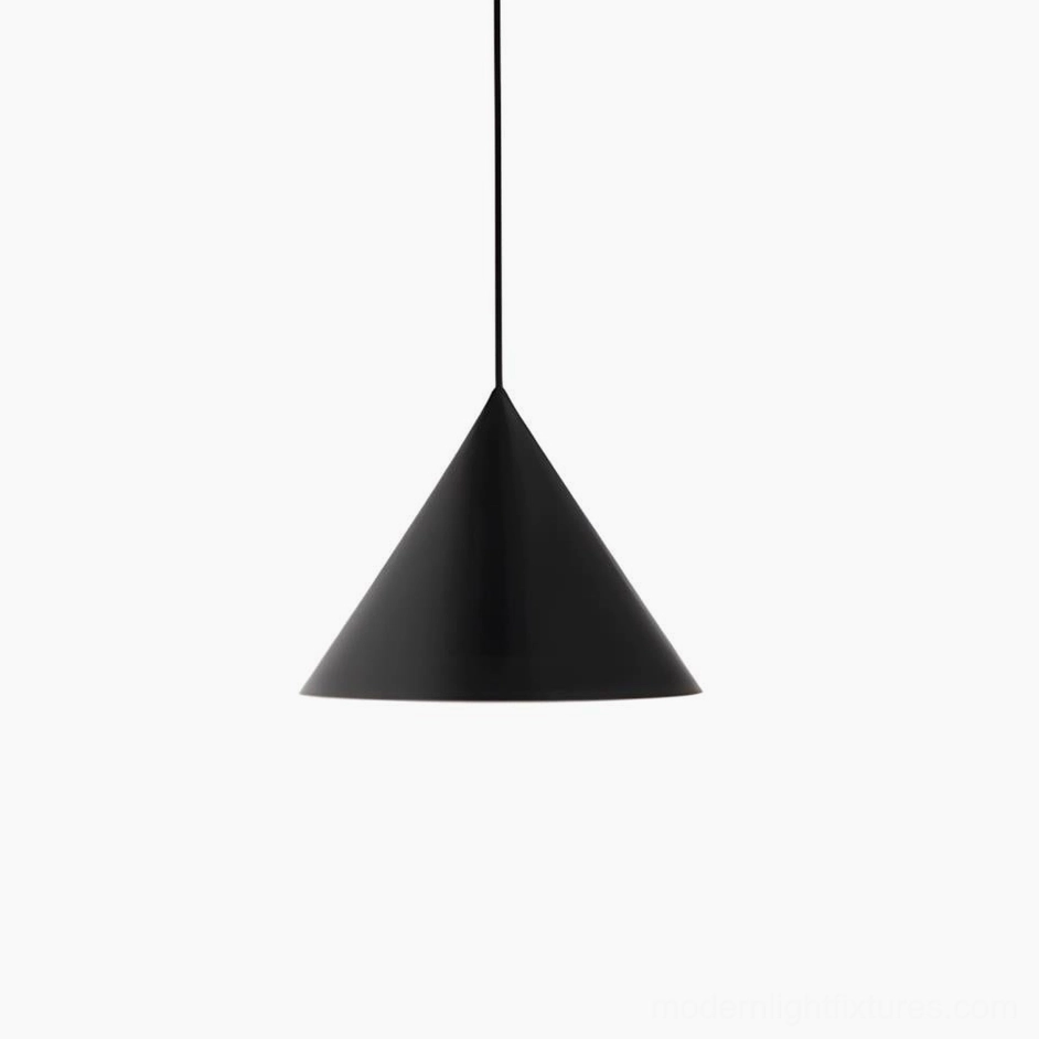 Black matte cone pendant light, modern minimalist metal fixture, studio front view