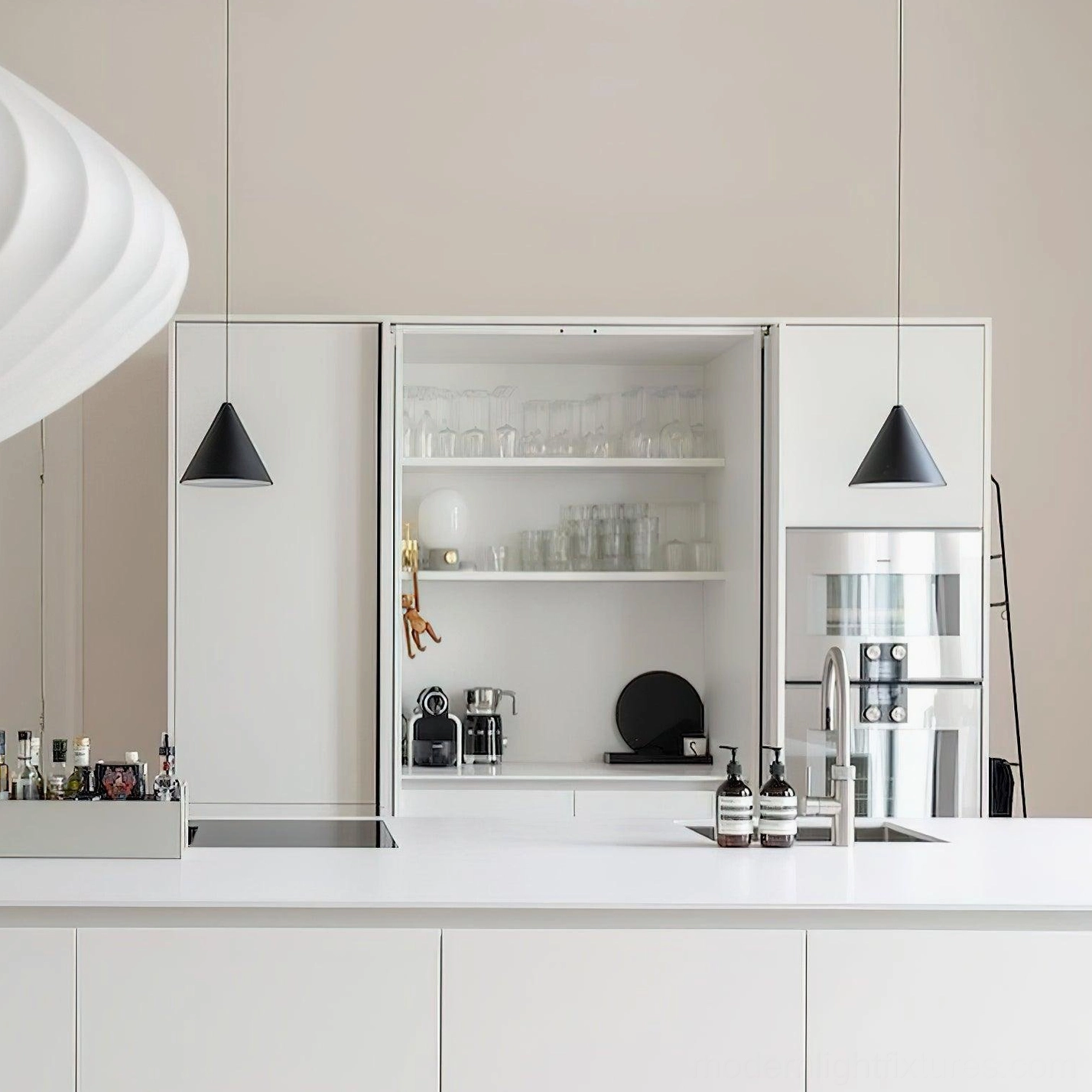 Black cone pendant light with metal shade, minimalist Scandinavian design, contemporary lighting fixture for modern spaces