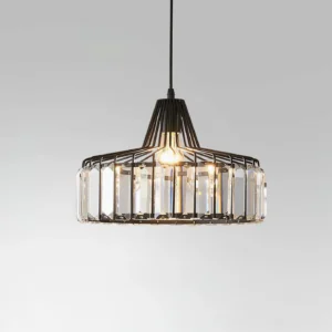 Black metal frame crystal pendant light three-quarter view showing exposed E26 E27 socket and crystal detail