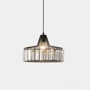 Modern black metal crystal pendant light with precision-cut clear crystal rods, front view on white studio background