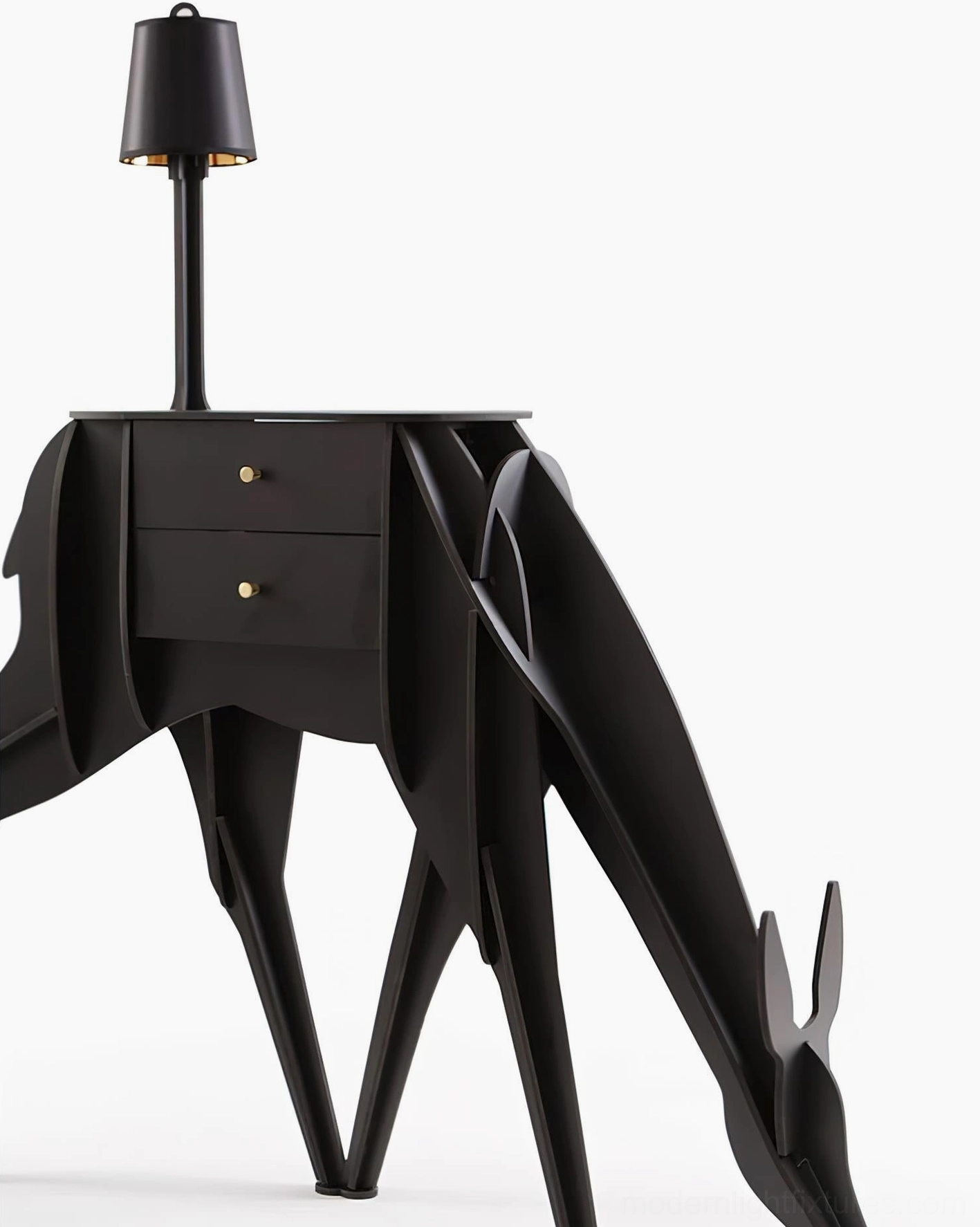 Black decorative deer floor lamp side profile showing grazing posture silhouette, brass hardware, and warm lighting design