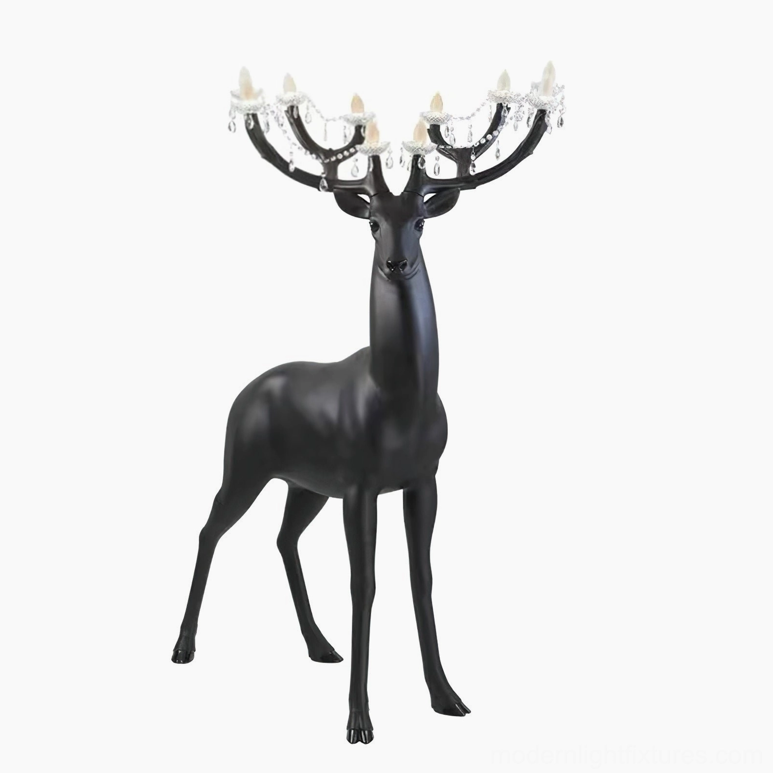 Black matte deer sculpture floor lamp with sparkling crystal-adorned antler chandelier, luxury home decor