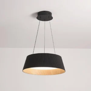 Black Delta pendant light with ceiling canopy and suspension cords, modern minimalist installation