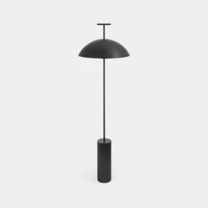 Matte black minimalist dome floor lamp with slender metal frame in studio setting