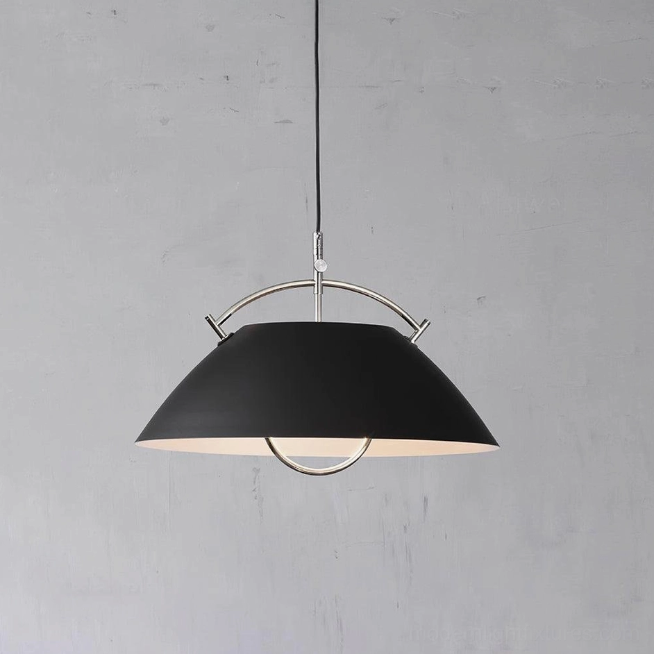 Black dome pendant light with handle mechanism, product detail shot in studio