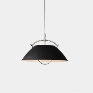 Mid-century modern black dome pendant light with adjustable handle mechanism, studio view