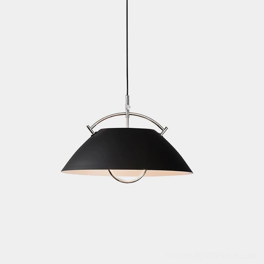 Mid-century modern black dome pendant light with adjustable handle mechanism, studio view
