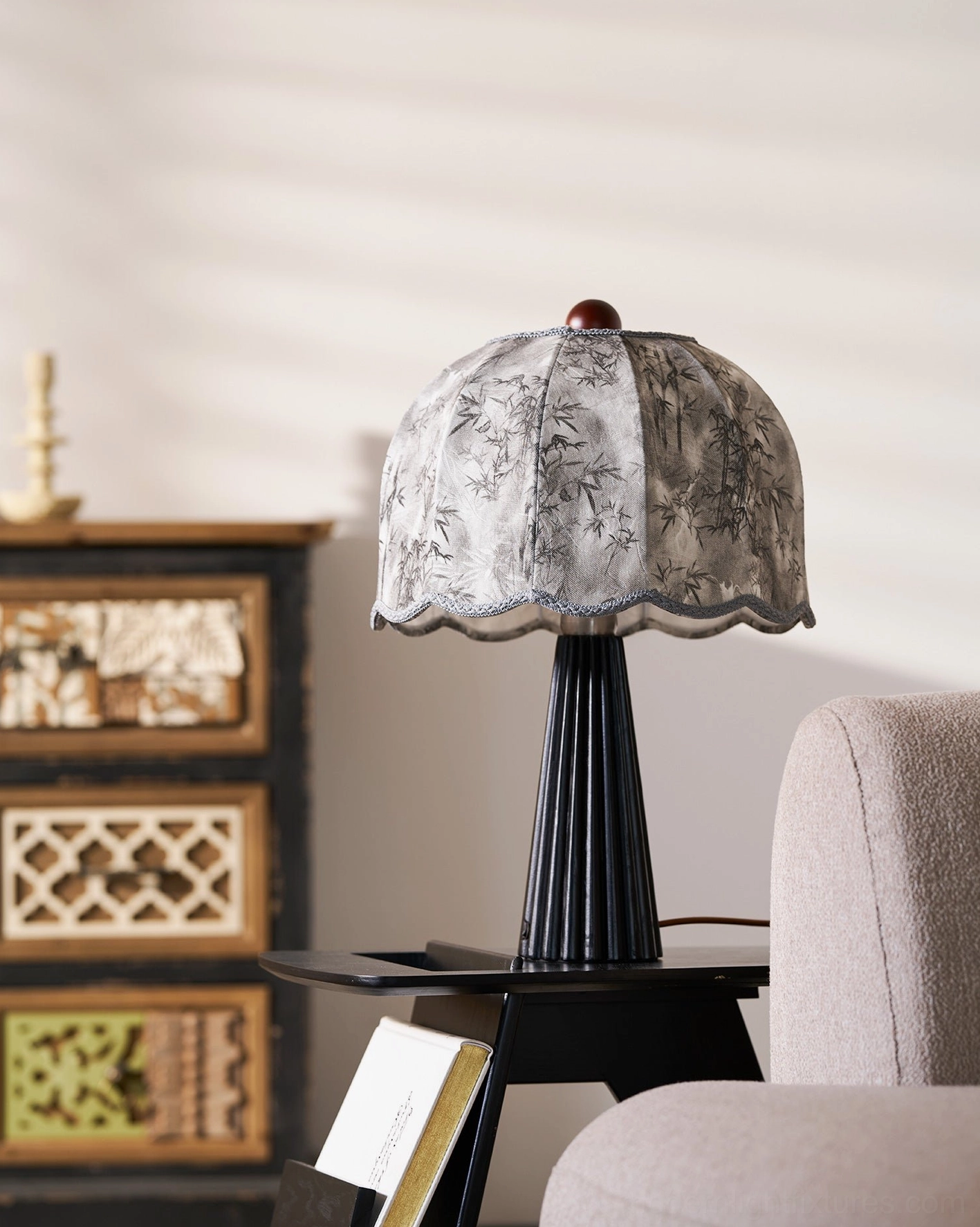 Black fluted table lamp with fabric shade - modern vintage aesthetic accent lighting