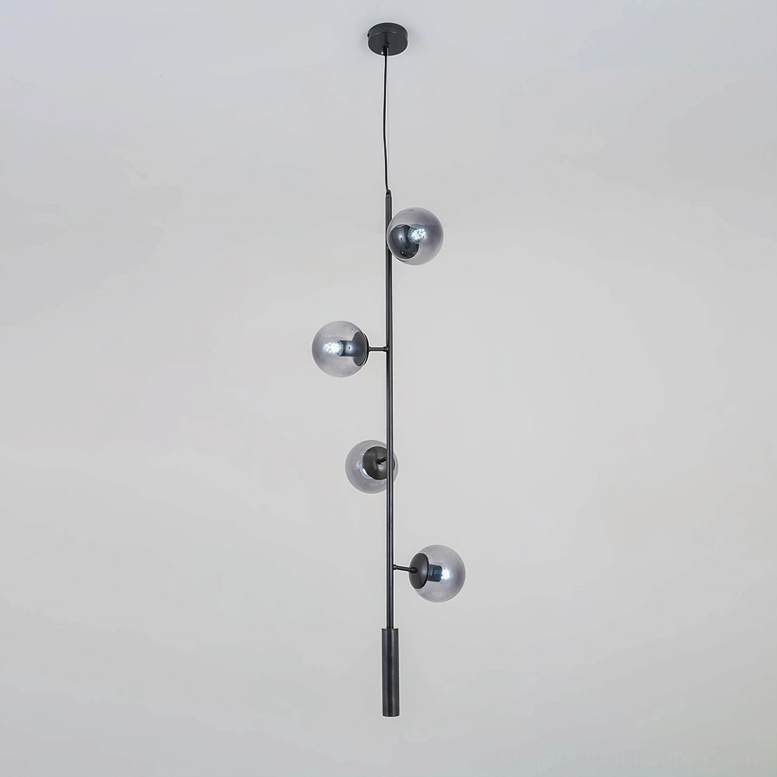 Matte black frame orb chandelier with smoke gray glass spheres, industrial contemporary style