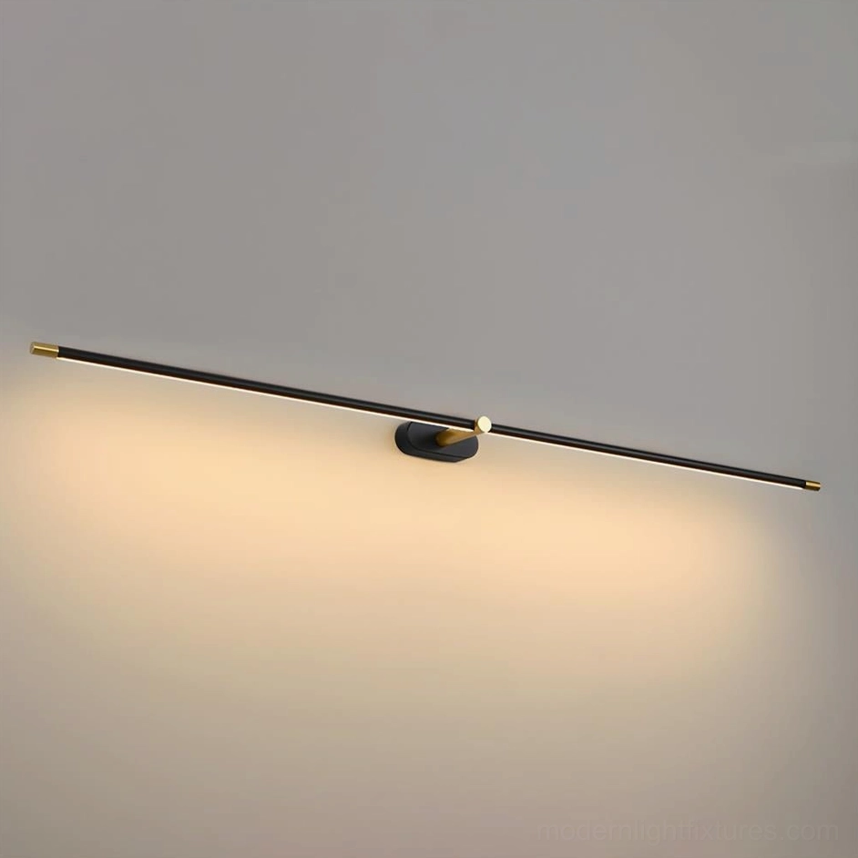 Black and gold linear wall sconce two-tone finish modern vanity lighting above bathroom mirror