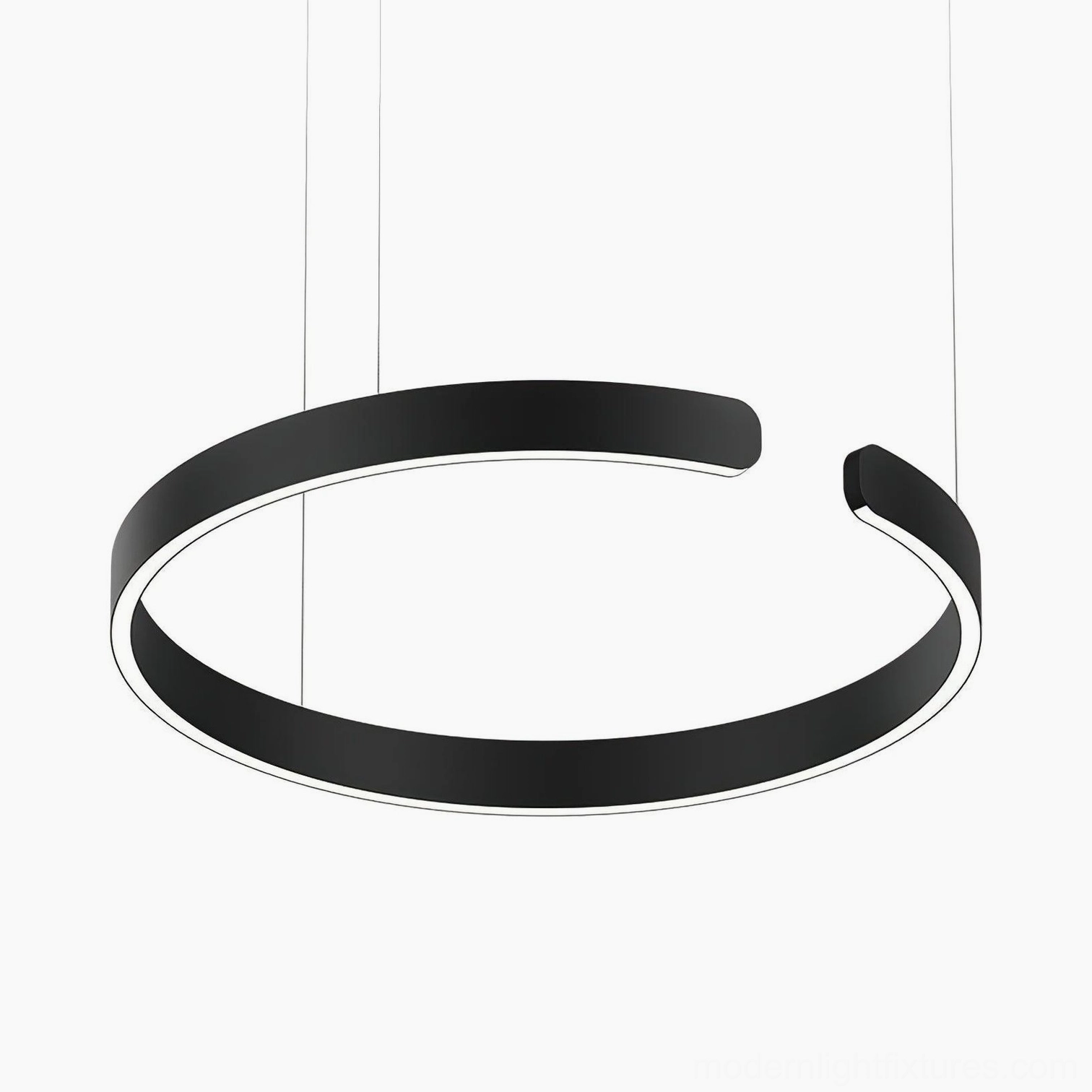 Black halo LED pendant lamp in modern minimalist residential space with contemporary furnishings