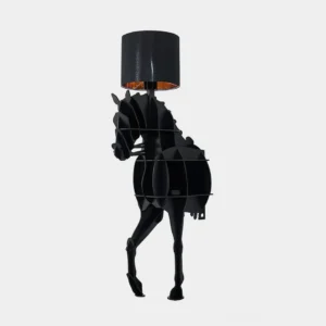 Black horse floor lamp with cylindrical lampshade, front view on white background - modern art lighting fixture