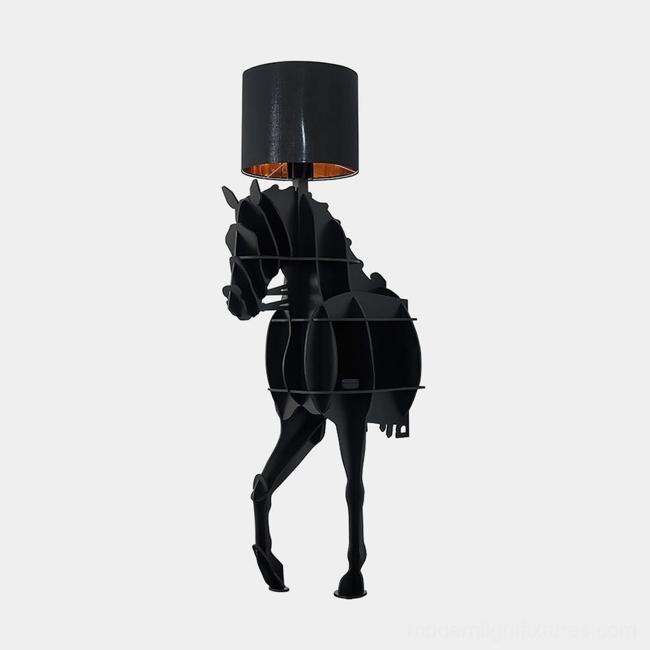 Black horse floor lamp with cylindrical lampshade, front view on white background - modern art lighting fixture