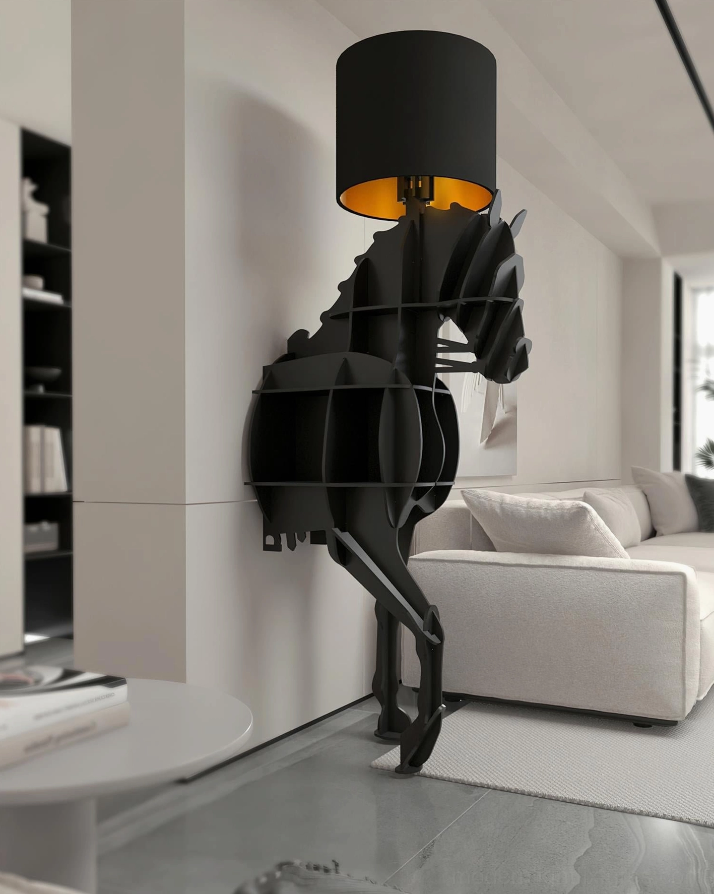 Black horse-shaped floor lamp with gold interior shade in contemporary minimalist living room - modern art fixture