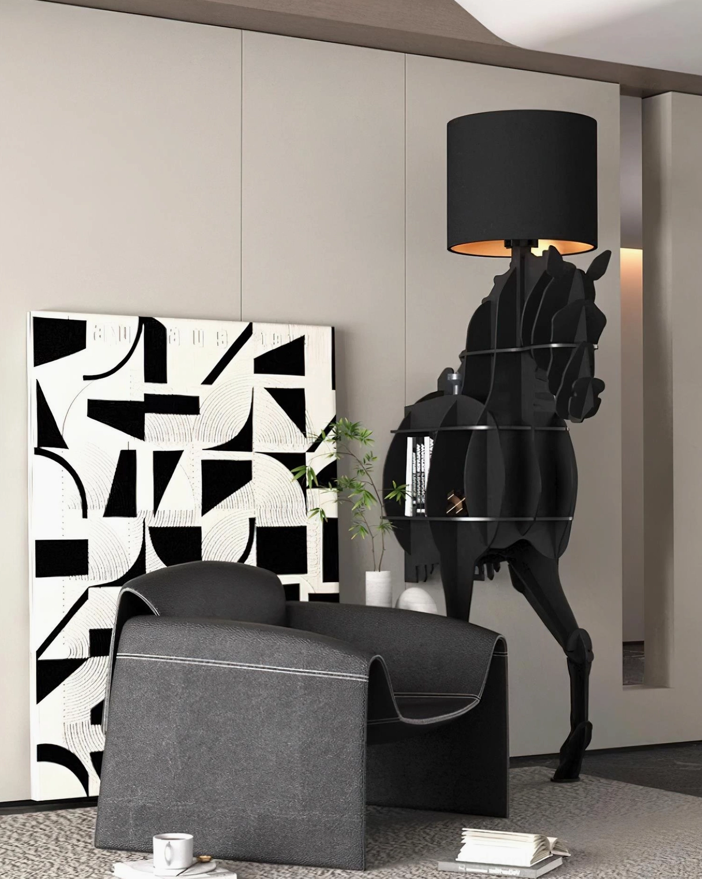 Black horse floor lamp styled in minimalist interior setting - modern lighting design showcase