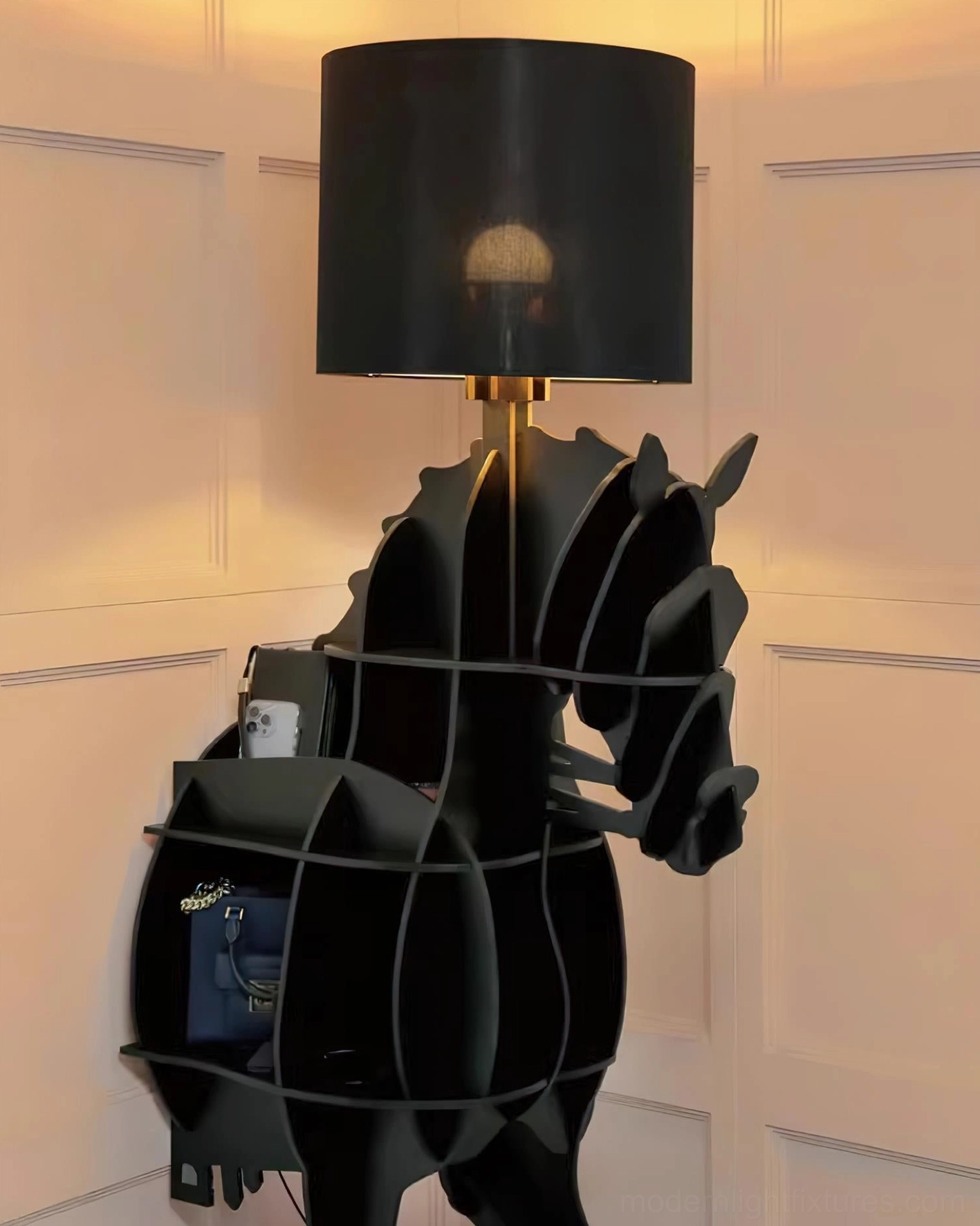 Black horse floor lamp displaying integrated storage and minimalist design in home interior