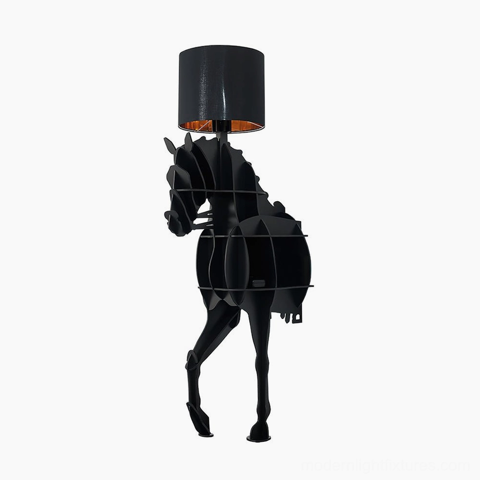 Black horse floor lamp with integrated shelf and built-in storage in contemporary living space - sculptural design