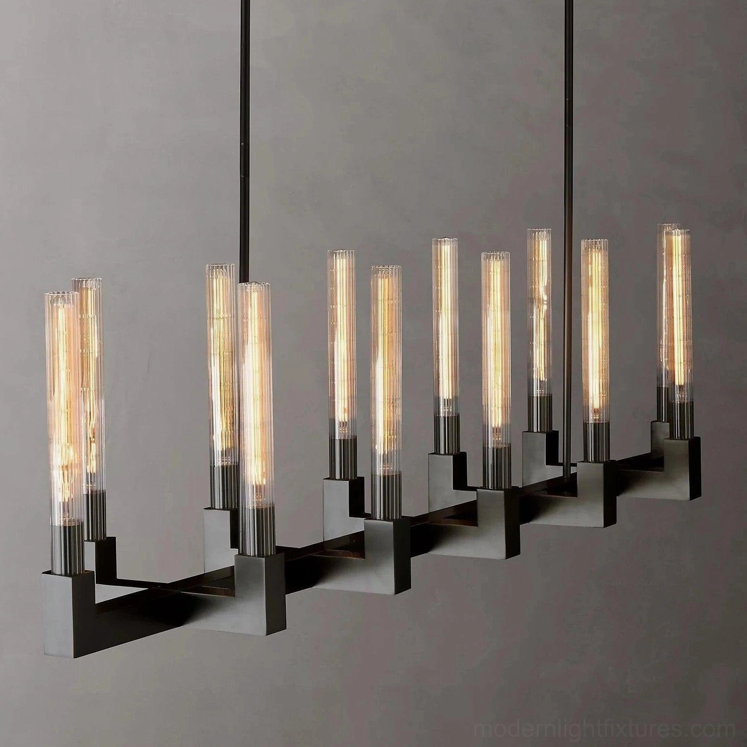 Black linear chandelier matte finish with ribbed amber glass shades contemporary design