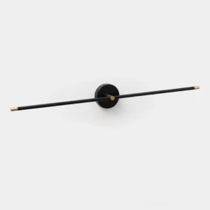 Matte black minimalist linear LED wall sconce with slim metal rod design on white wall background