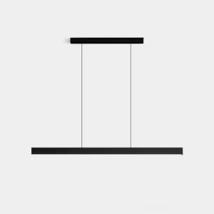Modern black linear pendant lamp with minimalist design, matte black aluminum dual-bar construction and walnut wood accents, front flat view