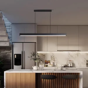 Contemporary black linear LED pendant light installed above kitchen island in modern dining area, integrated LED ambient lighting