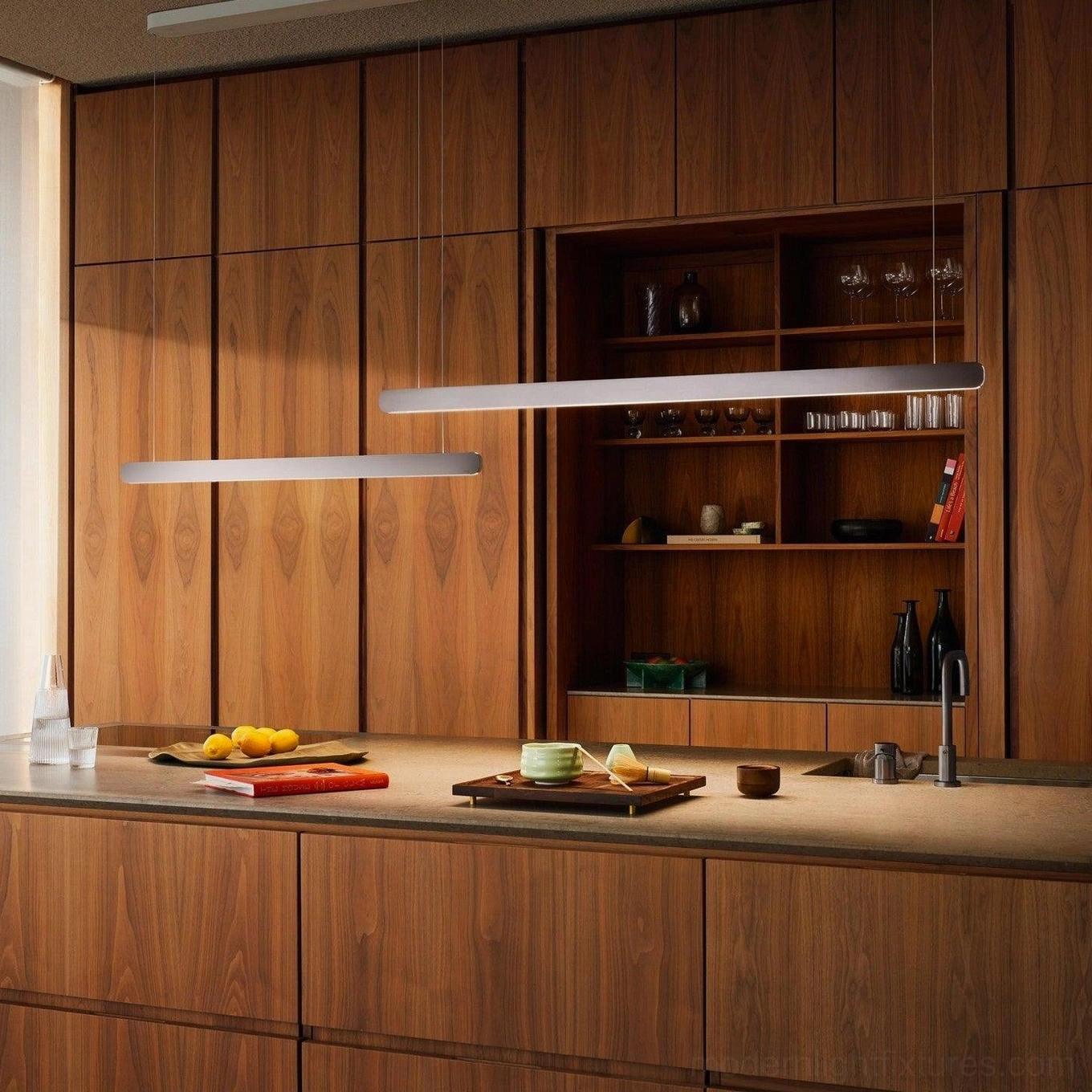 Black linear pendant light pair creating rhythm and proportion in modern entryway