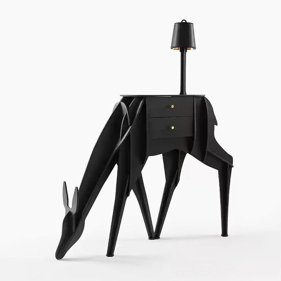 Black matte deer silhouette floor lamp with dual drawers and brass hardware, contemporary minimalist design