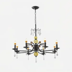 Symphony black metal candelabra chandelier with crystal pendants front view studio display