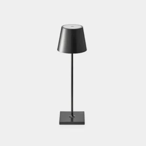 Black minimalist modern table lamp with tapered square shade and metal stem on white background