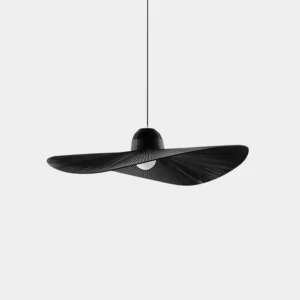 Black Moire Hat Pendant Light with woven fabric shade and textured finish, front view on white studio background