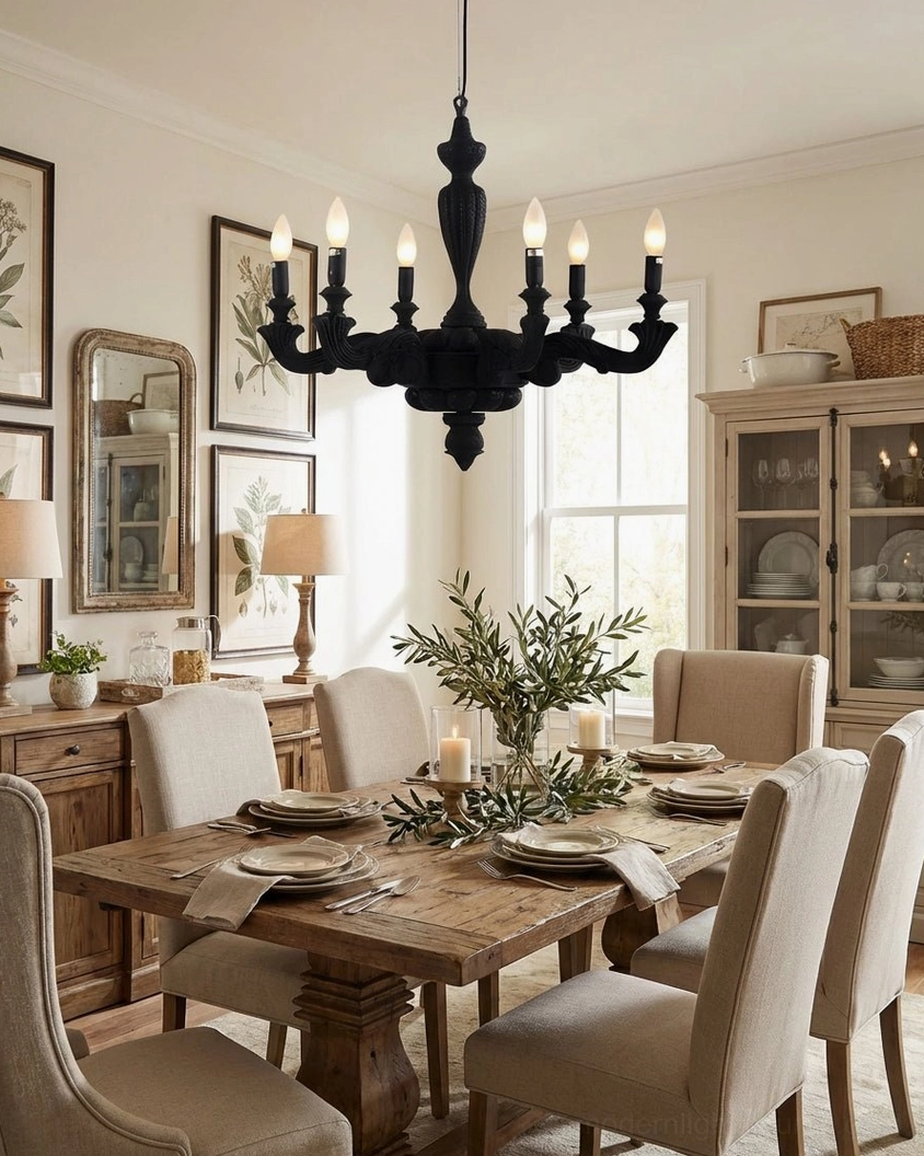 Black ornate modern chandelier suspended in cozy traditional dining space with warm ambient glow
