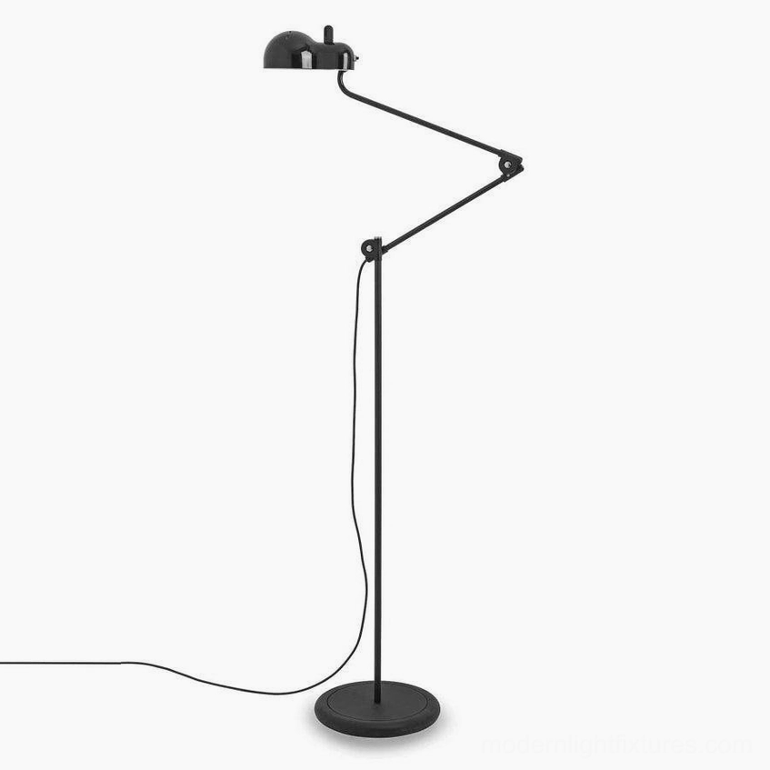 Black matte Paolo swing arm floor lamp with dual articulating joints fully extended showing full reach capability
