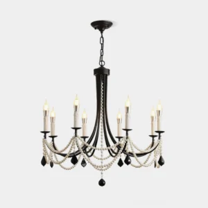 Black pearl crystal candle chandelier with matte black metal arms and cascading beaded strands on white background studio view